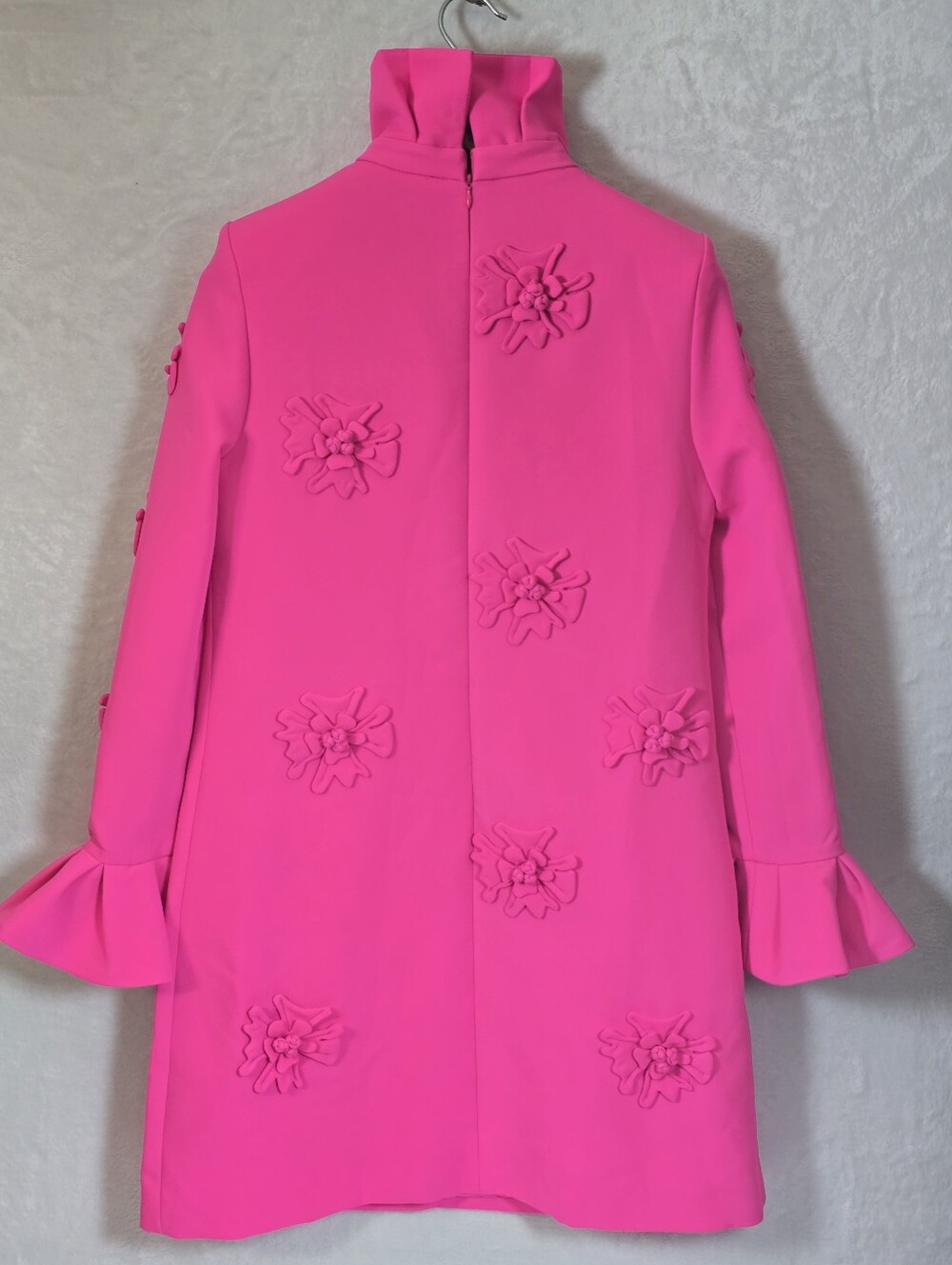 Hot Pink 3D Floral Applique Turtleneck A-line Shift Dress Bell Sleeves Sz.S - Picture 8 of 16